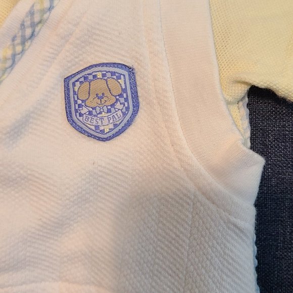 Yellow white and blue seersucker romper with attached vest - Picture 2 of 5